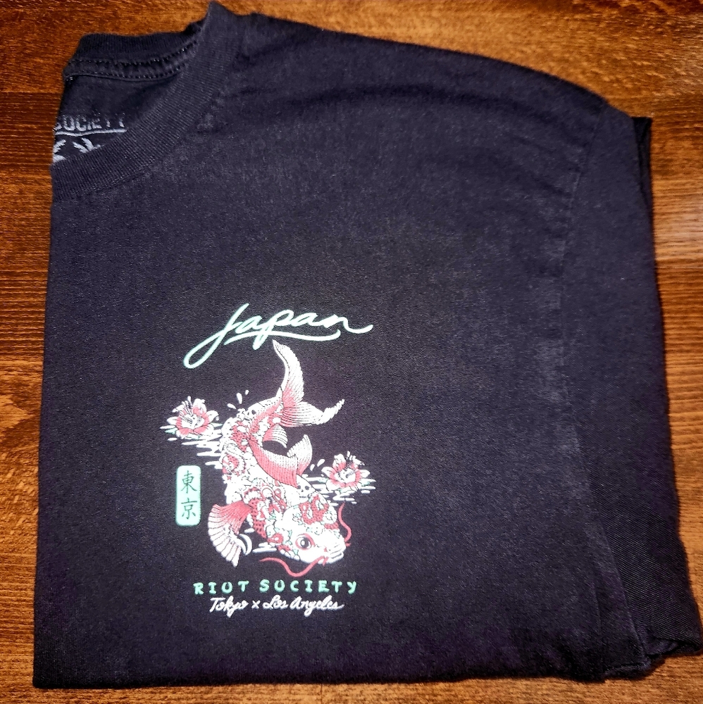 Riot Society Black Tee - Men's M - Tokyo Japan x Los Angeles - Koi Fish Art